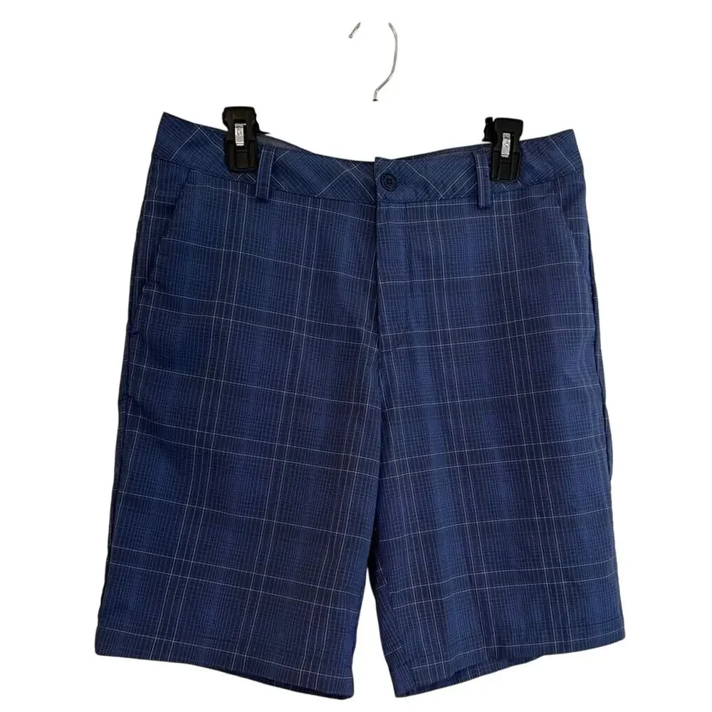 Under Armour Mens Performance Shorts Blue Black Plaid Flat Front Stretch Size 32